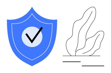 Kalın bir kontrol işaretine sahip mavi kalkan, soyut bitki tasarımı ile eşleştirilmiş, güvenliği sağlar. Güvenlik, koruma, uyum, doğrulama, güvence, eko-teknoloji, basit iniş sayfası için ideal