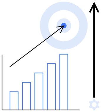 Yükselen sütunlarla dikey çubuk grafiği, yukarı doğru ok hedefi vuruyor. İş stratejisi, hedef belirleme, pazarlama, performans, başarı ve büyüme odakları için ideal. Düz basit metafor