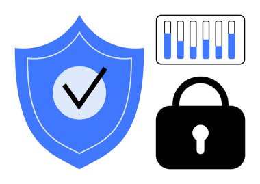İşaretli, kilitlenmiş ve veri analiz çizelgesi olan bir kalkan. Siber güvenlik, veri koruması, analitik, gizlilik, yazılım, basit iniş sayfası için ideal