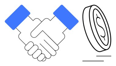 Parasal işlemleri temsil eden bir madeni paranın yanında iki el titriyor. Ticari işbirliği, yatırım, ortaklık, ticaret, anlaşma, finans ve güven için idealdir. Düz basit