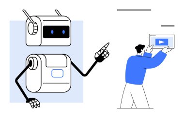 Robot elinde tuttuğu tabletle video kırıntılarını gösteriyor. Yapay zeka, teknoloji, robot bilimi, işbirliği, eğitim, dijital medya, kullanıcı etkileşimi temaları için idealdir. Basit iniş sayfası