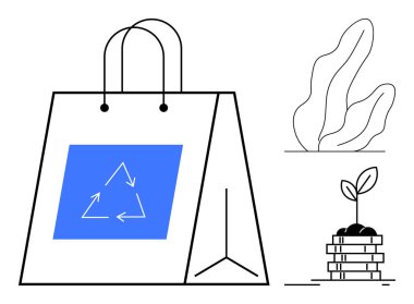 Geri dönüşüm işaretli alışveriş torbası istiflenmiş bloklarda filizlenen bitki, soyut bitki. Sürdürülebilirlik, eko-ürün, geri dönüşüm, yeşil iş, çevre dostu yaşam tarzı, çevre bakımı için ideal