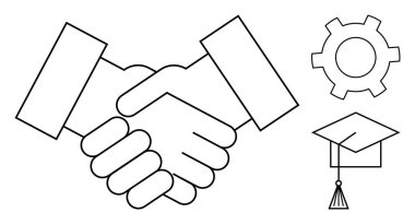 Tokalaşmak ortaklığı, yenilik için vitesi ve eğitim için mezuniyet şapkasını simgeler. Takım çalışması, iş, eğitim, yenilik, kariyer büyümesi, ortaklıklar ve basit bir iniş sayfası için ideal