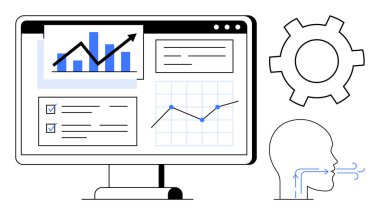 Analitik grafikler, çizelgeler ve metinler içeren bilgisayar monitörü. Vites simgesi ve iletişim hatları olan insan kafası içeriyor. Analiz, öğrenme, fikirler, takım çalışması, araştırma stratejisi için ideal.
