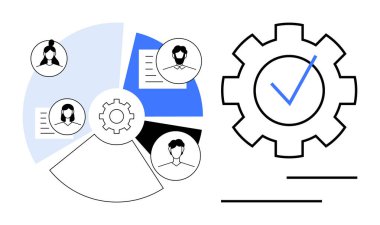 Turta grafiği segmentlerinde ekipman ve işaretli insan profilleri takım çalışması, proje yönetimi ve işlem verimliliğini vurguluyor. Üretkenlik, takım çalışması, organizasyon ve işbirliği için ideal