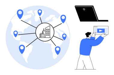 İş yerleri işaretli bir harita, bir dizüstü bilgisayar ve elinde dijital video ekranı olan bir kişi. Teknoloji, ağ, video paylaşımı, küresel iş, iletişim, işbirliği için ideal basit