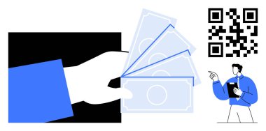 El ele tutuşan nakit, QR kodu ve ödeme seçeneklerini gösteren iş adamı. E-ticaret, işlemler, mobil bankacılık, iş çözümleri, fintech, dijital cüzdanlar için ideal basit metafor