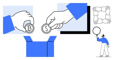 Bitcoin ve dolar paralarını kutuya koyan eller, takım çalışmasını sembolize eden birbirine kenetlenmiş eller, küreyi dengeleyen insanlar. Finans, tasarruf, blok zinciri, takım çalışması, işbirliği, özsermaye sade iniş için ideal