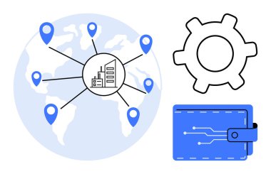 Konum noktaları bir binaya bağlanan dünya haritası, teknoloji ve dijital cüzdanı sembolize eden teçhizat. Küresel iş, lojistik, fintech, yenilik, bağlantı, yönetim için ideal