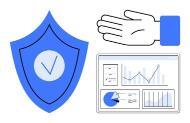 Kontrol işaretli kalkanlar, el işaretleri, ve veri analiz paneli büyümeyi gösteriyor. Veri koruması, siber güvenlik, kullanıcı arayüzü, analitik, güvenlik, risk yönetimi için ideal basit iniş