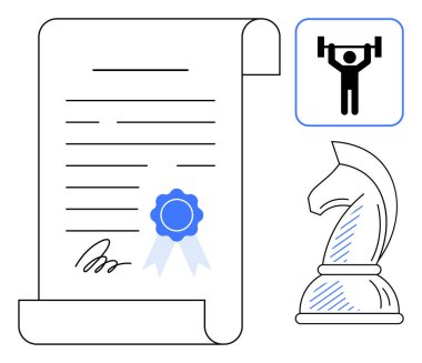 Kurdeleli sertifika, şövalye satranç taşı, halter ikonu başarıyı, stratejiyi ve gücü ifade ediyor. Eğitim, başarı, planlama, hedefler kişisel büyüme liderliği için idealdir.