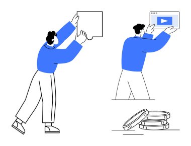 İki birey medya ve içerik oluşturma konusunda işbirliği yaparken, biri ekranda bir çalma düğmesi sergilerken, diğeri görsel bir unsur konumlandırıyor. Sikkeler finansal büyümeyi sembolize eder. İş için ideal