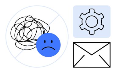 Haşin suratlı birbirine dolanmış çizgiler, sorun çözme teçhizatı, iletişim için zarf. İş akışı, stres yönetimi, duygusal destek, organizasyon, üretkenlik, takım dinamiği için ideal basit