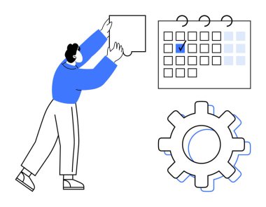 Takvimle etkileşime giren, görev kartları ekleyen kişi. Dişliler iş akışı otomasyonunu ve verimliliği ön plana çıkarıyor. Proje yönetimi, hedef belirleme, görev planlaması, iş akışı iyileştirmesi için ideal