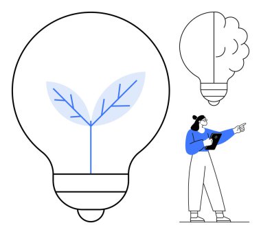 Yapraklı büyük ampul, yenilik ve sürdürülebilirliği simgeliyor. Tabletli bir kadın kavramları işaret ediyor. Yenilik, ekoloji, iş fikirleri, beyin fırtınası, yaratıcılık için ideal