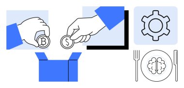 Kutunun üzerinde bitcoin ve dolar sikkeleri tutan eller, süreç için vites sembolü, yaratıcılık için beyin. Yatırım, teknoloji, beyin fırtınası, kripto para, bağış, fintech basit