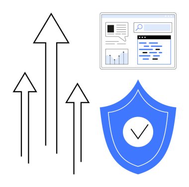 Dikey oklar büyümeyi, işaretli kalkan güvenliği, ağ arayüzü ise veri ve analizi temsil eder. İş için ideal, analitik, başarı, güvenlik, büyüme, koruma basit