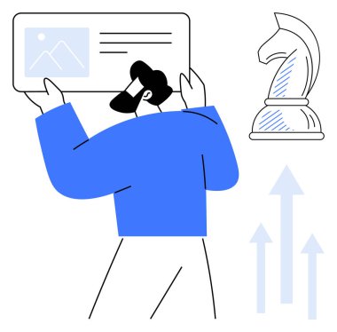 Elinde veri olan bir adam, stratejiyi sembolize eden bir satranç şövalyesi, yükselen oklar. Strateji, planlama, büyüme, liderlik, yenilik analitik motivasyon için idealdir. Düz basit metafor