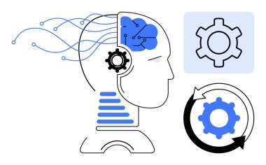 Sinir beyni, dişliler ve makine öğrenimini, otomasyonu, yeniliği, bilişsel teknolojiyi, veri işleme ve sistem optimizasyonunu temsil eden akış çizgilerine sahip insan kafası. Teknoloji günlüğü için ideal