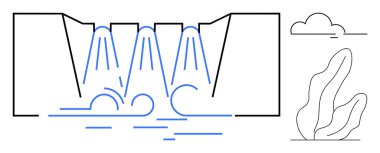 Bir havuza akan şelale, soyut bitki grafikleri ve bir bulut. Doğa, sürdürülebilirlik, hidroelektrik, çevre kampanyaları, temiz enerji, eko-turizm ve basit iniş için ideal