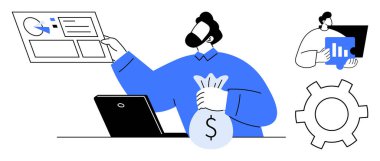 Para çantası tutan işadamı, tablolar ve raporlardaki mali verileri analiz eden, operasyonları sembolize eden dişli, istatistik gösteren meslektaşı. Finans, iş analizi, takım çalışması, kâr için ideal