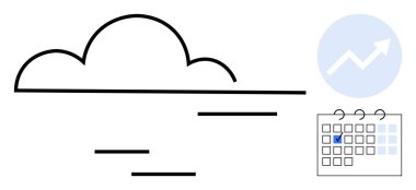 Bir büyüme grafiği ve takvimi ile bağlantılı bulut depolama, planlama, veri yönetimi ve başarı takibini temsil ediyor. Üretkenlik, organizasyon, iş stratejisi, gelecek planlama için ideal