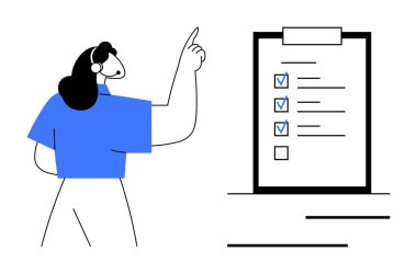 İşaretli görevleri olan bir listeye işaret eden kulaklık takan kadın takım çalışmasını, hedef planlamasını, organizasyonu temsil ediyor. Üretim, eğitim, proje yönetimi, eğitim ve işbirliği için ideal