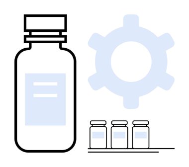 Vites simgesinin yanında büyük bir ilaç şişesi ve ecza üretimi, yenilik ve süreçleri sembolize eden üç küçük şişe. Sağlık, araştırma, teknoloji ve imalat için ideal