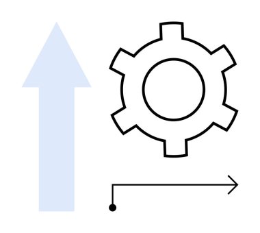 Yukarı doğru mavi bir ok ve minimalist yönlü çizginin yanında vites. İlerleme, navigasyon, otomasyon, iş akışı optimizasyonu, iş büyümesi, yenilik, basit iniş sayfası için ideal