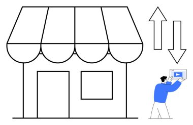 Tepe örtülü, yukarı aşağı okları olan bir depo ve elinde dijital içerikli dizüstü bilgisayar tutan biri. Küçük işletme, pazarlama, perakende stratejisi, büyüme, e-ticaret, analitik sade iniş sayfası için ideal