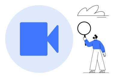 Mavi video kamera ikonu, basit bir bulutun altında büyüteçle inceleyen bir adamın yanına yerleştirilmiş. Video içeriği, analiz, medya, teknoloji, keşif, öğrenme, basit iniş sayfası için ideal