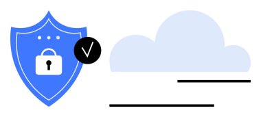Kilit ve işaretli mavi kalkan güvenlik ve güveni simgeliyor. Bulut ve veri hatları korunan bulut depolama anlamına gelir. Güvenlik, gizlilik, bulut hesaplama, veri koruması, güven, güvenlik için ideal