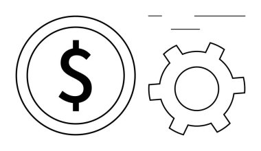 Bir dişlinin yanında dolar işareti madeni para, iş, işbirliği ve sistem operasyonunu sembolize ediyor. Fintech, optimizasyon, bütçe ve yatırımlar için ideal dijital dönüşüm