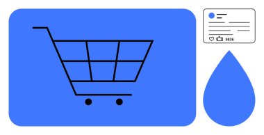Alışveriş arabası tasarımı, dijital etkileşim unsurlarının yanı sıra sosyal medya bağlantısını ve su damlasını da destekliyor. E-ticaret, pazarlama, markalaşma, kullanıcı deneyimi, dijital reklam için ideal