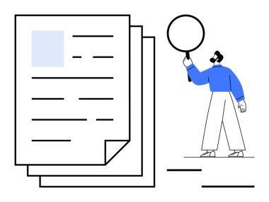 İstiflenmiş evrakların yanında duran büyüteç teftişi, araştırmayı ya da doğrulamayı sembolize eder. Belge incelemesi, denetim, analiz, ofis süreçleri, uyum, eğitim için ideal