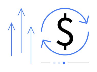 Dolar işareti oklarla çevrili ve yükselen mavi oklar finansal büyüme ve ilerlemeyi temsil ediyor. Finans, yatırım, gelir, kâr, başarı, iş stratejisi ve basit iniş sayfası için ideal