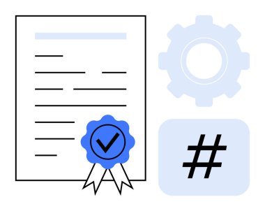 Kurdeleli belge, işaretli mühür, işlem optimizasyonu için teçhizat ve dijital bağlantıyı gösteren meta veri etiketi. Sertifika, başarı, başarı, teknoloji, süreç yönetimi için ideal