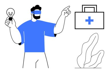 Ampul tutan ve VR kulaklık takan bir adam, bitkiler yakınlarda büyürken tıbbi bir kiti işaret ediyor. Yenilik, teknoloji, sağlık, tıp, fütüristik kavramlar, sanal çözümler, basit