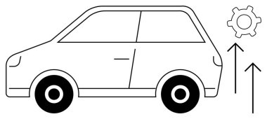 Yukarı bakan oklarla birlikte küçük bir arabanın ana hatları ve yenilik, büyüme ve verimliliği temsil eden bir dişli simgesi. Hareket edebilirlik, teknoloji, ilerleme, otomotiv, mekanik geliştirme için ideal