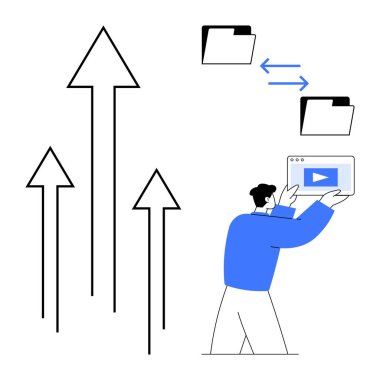 Yukarı doğru büyümeyi gösteren oklar, dosya aktarım okları olan klasörler ve video ekranı tutan bir adam. Dosya paylaşımı, veri transferi, büyüme illüstrasyonları, eğitim, takım işbirliği, bulut