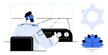 Navigasyon araçları ve fütüristik ekranlı pilot işletim kontrol paneli. Havacılık, teknoloji, yenilik, otomasyon, keşif, güvenlik, fütüristik planlama için ideal. Düz basit metafor