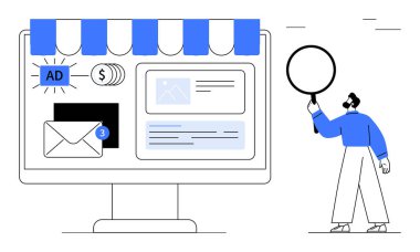 Masaüstü monitörü e-posta bildirimleri, reklamlar ve web analistlerini gösterir. Büyüteci olan kişi verileri inceler. Pazarlama, iş, analitik, e-ticaret ve strateji için ideal