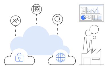Güvenlik, küresel ve kullanıcı sembollü bulut simgeleri, bacalı fabrika ve veri gösterge paneli. Dijital dönüşüm için ideal, IoT, bulut hesaplama güvenlik veri analizi sektörü 4.0