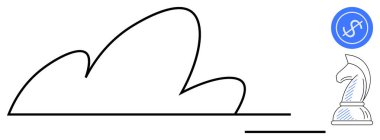 Satranç şövalyesi ve finansal ikon soyut bulut yakınında, stratejiyi, finans, teknoloji ve yeniliği sembolize ediyor. Finans, teknoloji entegrasyonu, planlama, strateji bulut hizmetleri için ideal