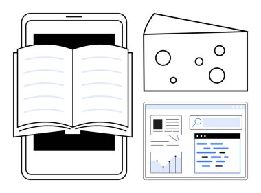 Tablet üzerine açık bir kitap e-öğrenmeyi simgeler. Veri paneli, İsviçre peyniri dilimi yaratıcılık ekler. Eğitim, teknoloji, araştırma, yaratıcılık, işletme, temel iniş sayfası için ideal