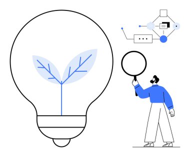 İçinde büyümeyi sembolize eden bir bitki olan büyük bir ampul, akış şeması üzerinden süreci analiz eden biri. Sürdürülebilirlik, yenilik, beyin fırtınası, yaratıcılık, büyüme, teknoloji anlayışı için ideal, basit