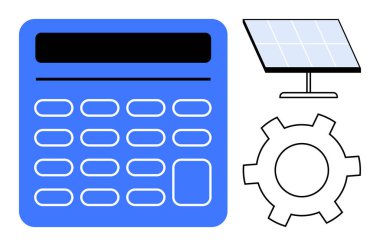 Güneş panelinin yanında temiz enerji, yenilik, sürdürülebilirlik, finansal analiz, teknolojik gelişme, yeşil ekonomi ve enerji tasarruflu tasarımı simgeleyen mavi hesap makinesi. İdeal