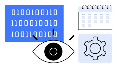 Veri analizi, yapay zeka, planlama, otomasyon ve yenilik temalarını taşıyan ikili kod, takvim, göz ve dişli simgeleri. Teknoloji sistemi yönetimi ve basit iniş sayfası için ideal