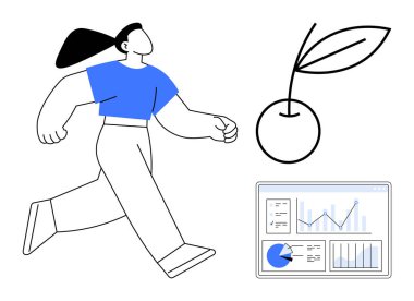 Çizelge dolu bir ekranın yanında güvenle yürüyen bir kadın ve sağlık ve ilerlemeyi simgeleyen yapraklı bir kiraz. Sağlık, üretkenlik, analitik, denge, büyüme, sürdürülebilirlik için ideal, basit