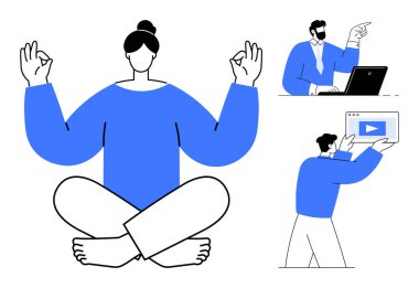 Lotus pozunda meditasyon yapan bir kadın, dizüstü bilgisayarda veri analiz eden bir adam, web sayfası tutan bir takım arkadaşı. Farkındalık, verimlilik, stres yönetimi, takım çalışması, rahatlama, çevrimiçi öğrenme için ideal